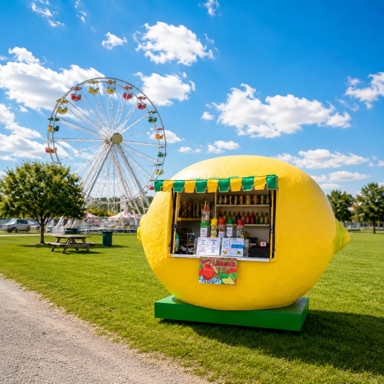 Mary C’s Big Lemon stand shaped like a giant lemon at a fairground with a Ferris wheel behind it